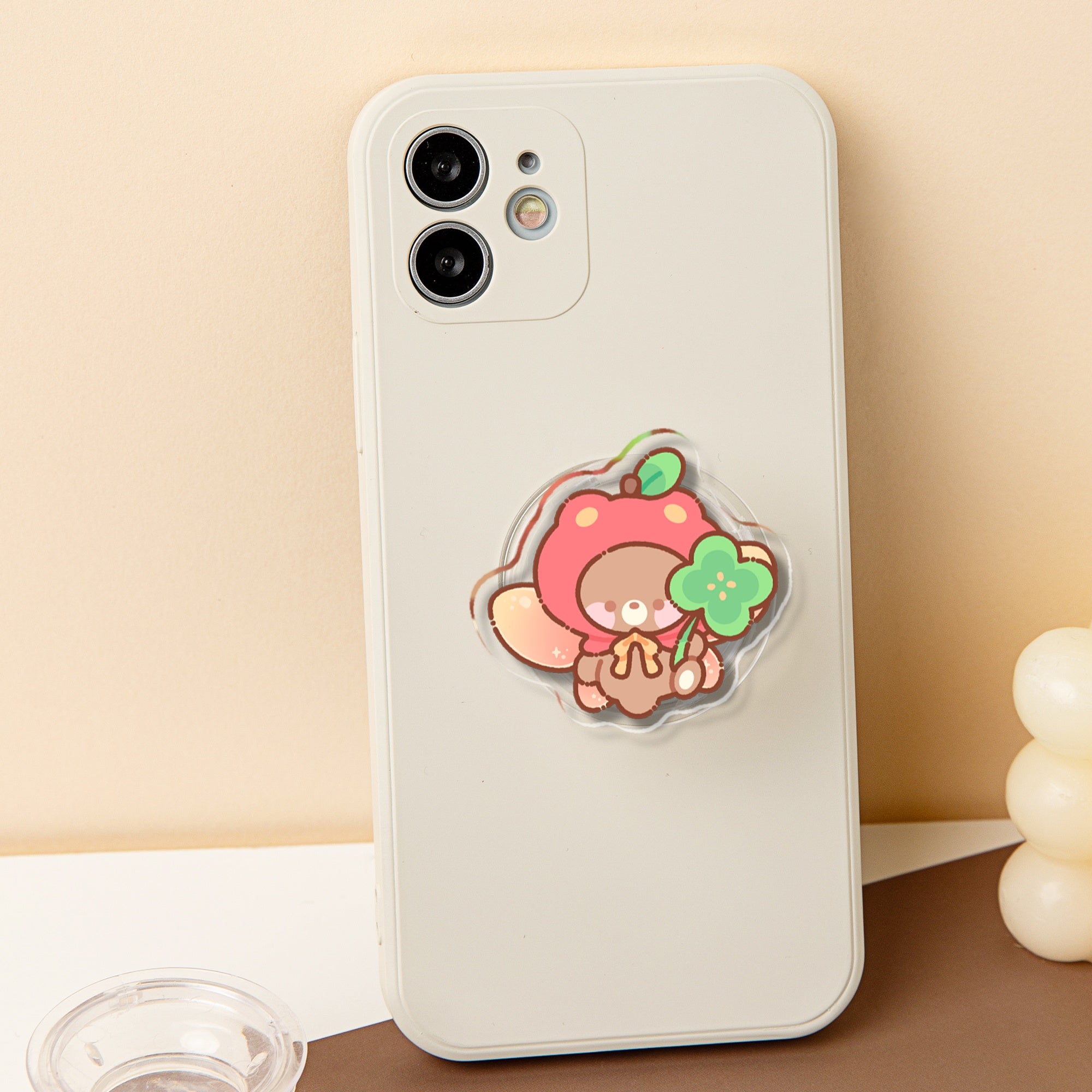 Apple Bear Holding Clover Acrylic Phone Holder - 1.96"(50mm), Clear