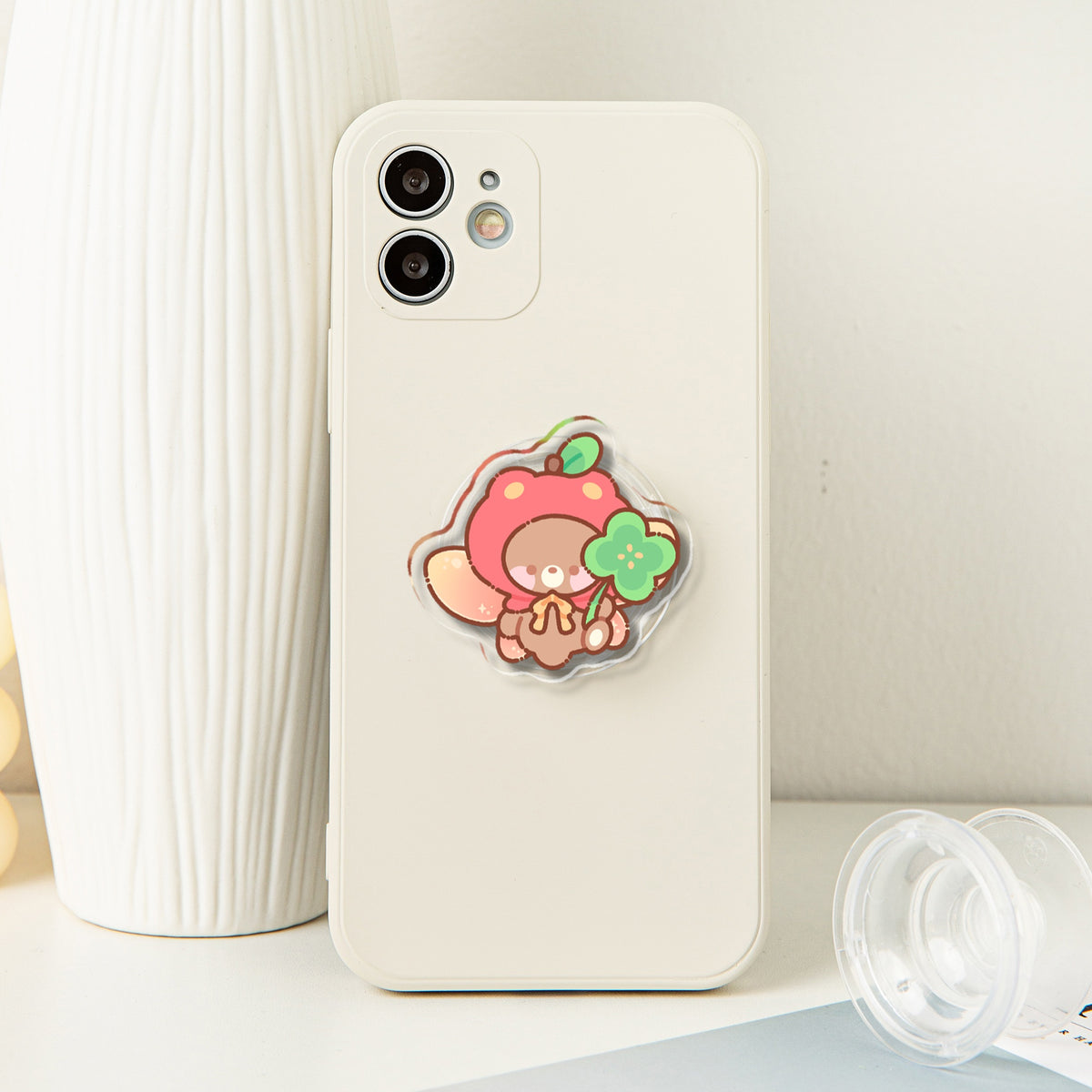 Apple Bear Holding Clover Acrylic Phone Holder - 1.96"(50mm), Clear