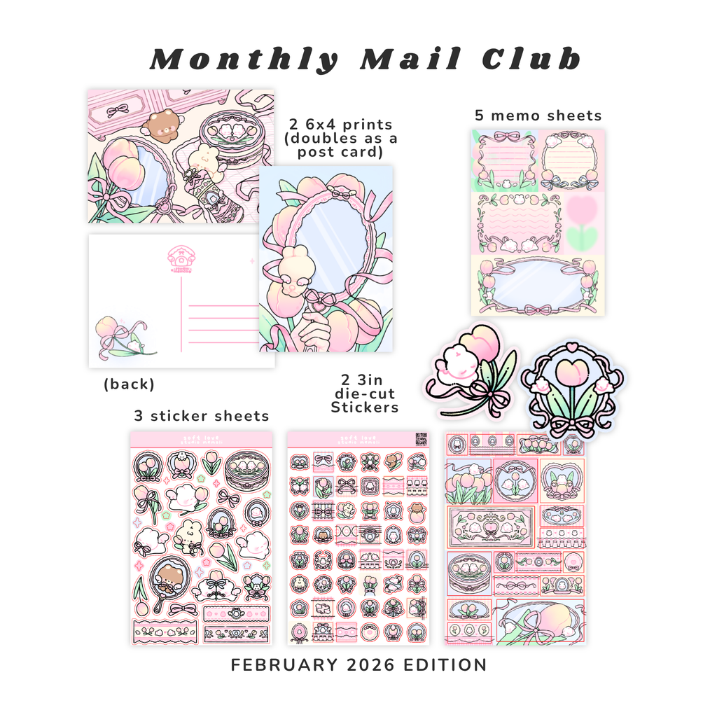 Collection of stationery items including prints, memo sheets, stickers, and die-cut stickers with a vintage tulip, bunny, theme