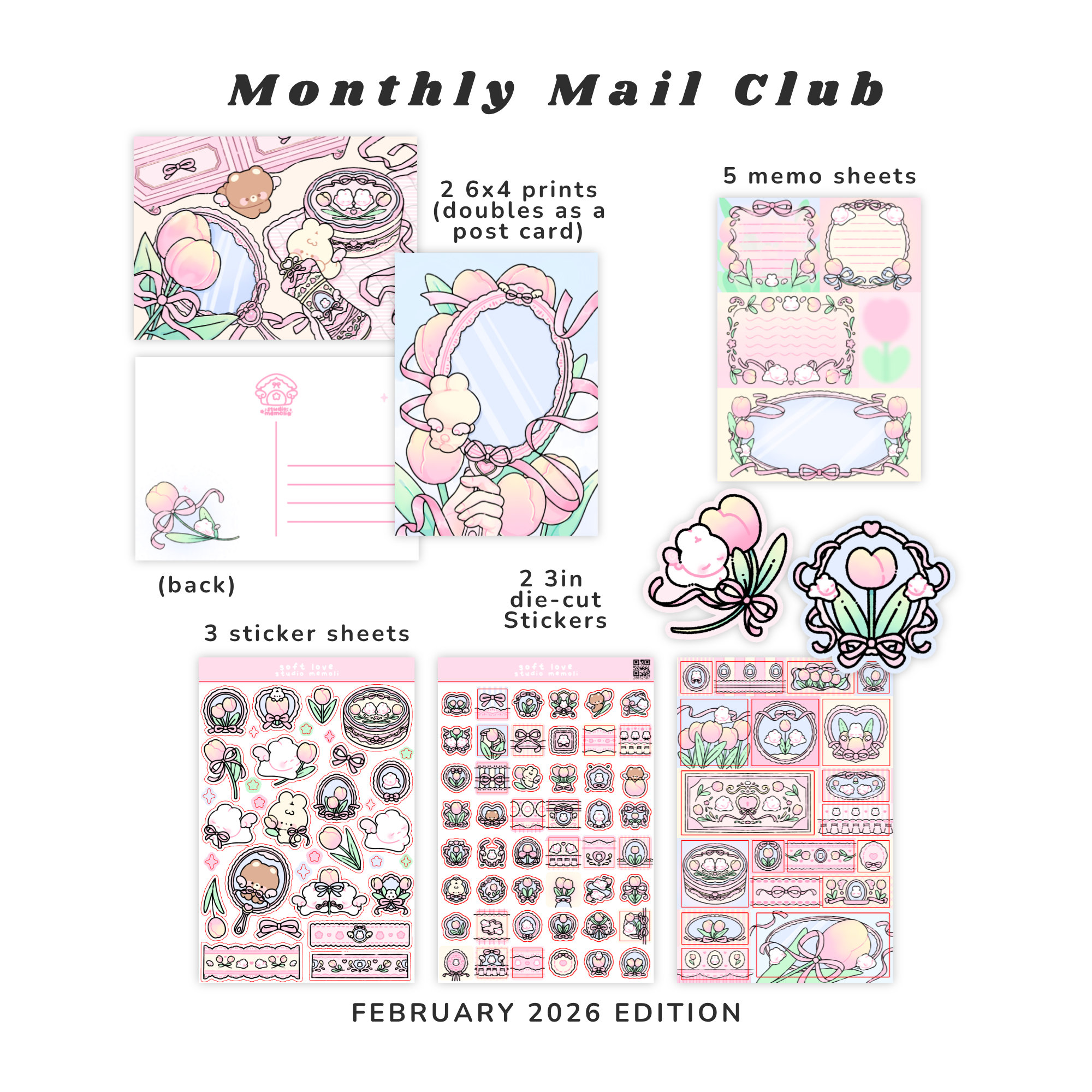 Collection of stationery items including prints, memo sheets, stickers, and die-cut stickers with a vintage tulip, bunny, theme