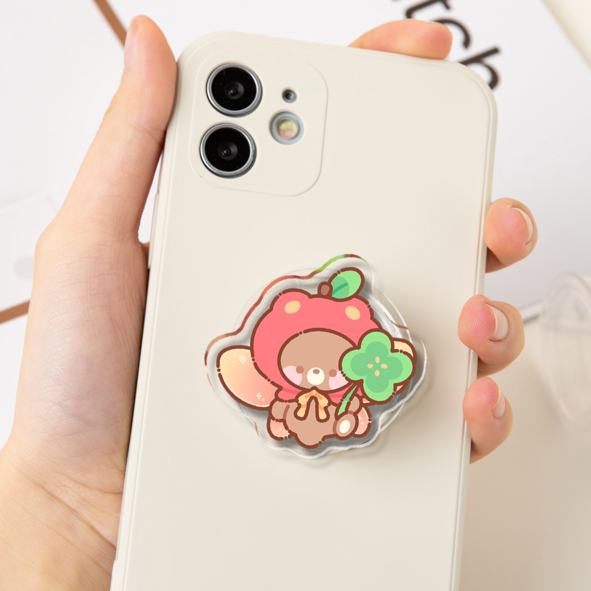 Apple Bear Holding Clover Acrylic Phone Holder - 1.96"(50mm), Clear